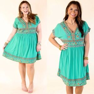 Savanna Jane Turquoise Embroidered Mini Dress